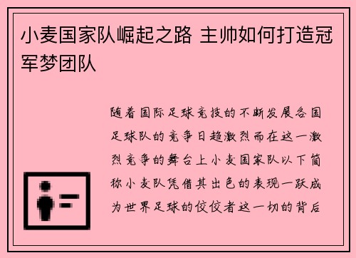 小麦国家队崛起之路 主帅如何打造冠军梦团队