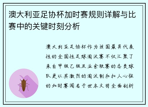 澳大利亚足协杯加时赛规则详解与比赛中的关键时刻分析 澳大利亚足协杯加时赛规则详解与比赛中的关键时刻分析
